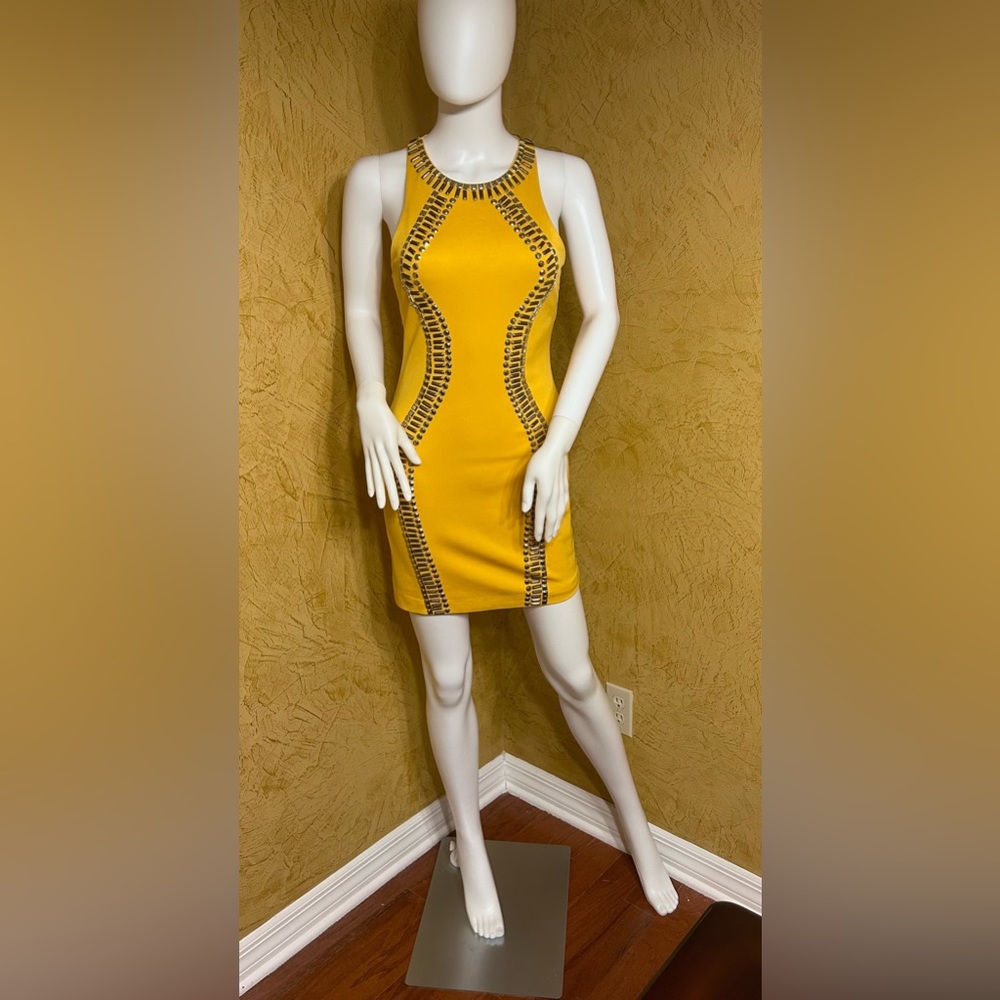 Bebe embellished yellow bodycon mini dress